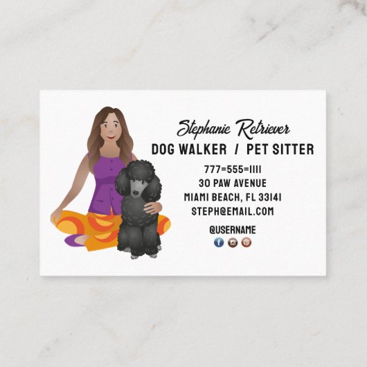 かわいい女の子ドッグウォーカーペットシッターとプードル 名刺 (裏面)