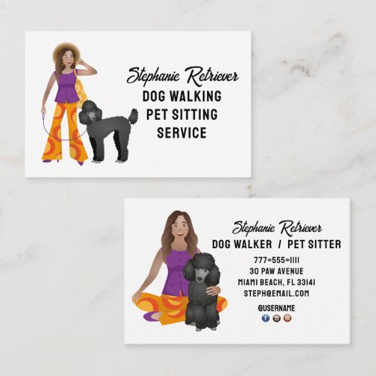 かわいい女の子ドッグウォーカーペットシッターとプードル 名刺 (正面/裏面)