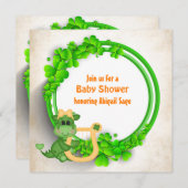 かわいい女の子ドラゴンクローバーリースアイリッシュベイビーシャワー 招待状 (正面/裏面)