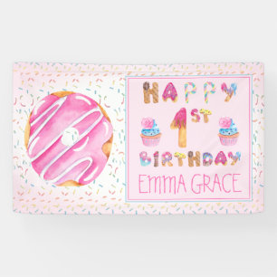 かわいい女の子ドーナツ カップケーキが誕生日おめでとう 横断幕