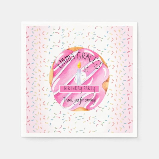 かわいい女の子ドーナツ |カップケーキ1st誕生日パーティー スタンダードカクテルナプキン (正面)