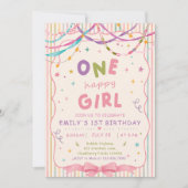 かわいい女の子ハッピーバースデー1歳の誕生日パーティー 招待状 (正面)