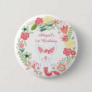 かわいい女の子バニーと花のリース1st誕生日 缶バッジ