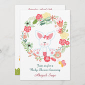 かわいい女の子バニーと花リース赤ちゃんシャワー 招待状 (正面/裏面)