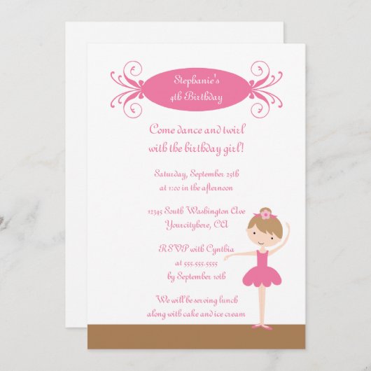 かわいい女の子バレリーナ誕生パーティーの招待 招待状 (正面/裏面)