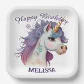 かわいい女の子パープルエレガントマジカルユニコーン誕生日 ペーパープレート (正面)