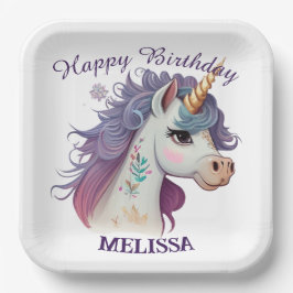 かわいい女の子パープルエレガントマジカルユニコーン誕生日 ペーパープレート