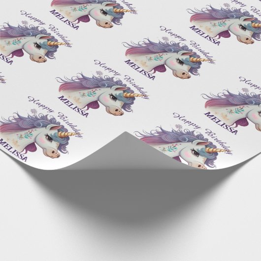 かわいい女の子パープルエレガントマジカルユニコーン誕生日 ラッピングペーパー (角)