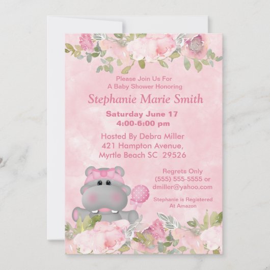 かわいい女の子ヒッポピンクフローラ赤ちゃんシャワー 招待状 (正面)