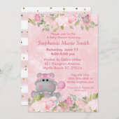 かわいい女の子ヒッポピンクフローラ赤ちゃんシャワー 招待状 (正面/裏面)
