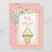 かわいい女の子ピンクと黄色の春赤ちゃんシャワー 招待状 (正面/裏面)