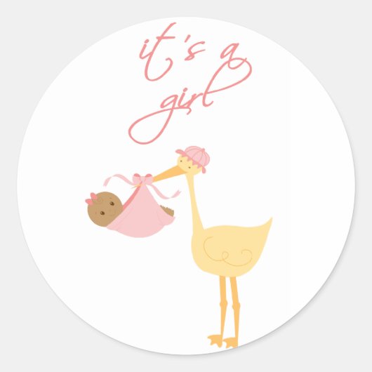 かわいい女の子ピンクのコウノトリがベビーのシールを持っている ラウンドシール (正面)
