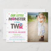 かわいい女の子ピンクのモンスター2nd誕生日パーティー写真 招待状 (正面)