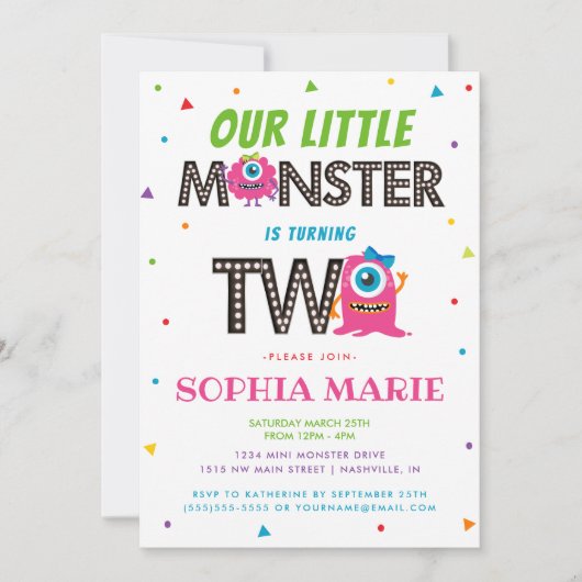 かわいい女の子ピンクのモンスター2nd誕生日パーティー 招待状 (正面)