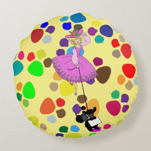 かわいい女の子ピンクドレスブラックプードルオリジナル漫画 ラウンドクッション (裏面)