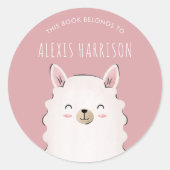かわいい女の子ピンクハッピーラマ子の名前おもしろい動物 ラウンドシール (正面)