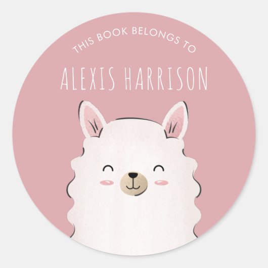 かわいい女の子ピンクハッピーラマ子の名前おもしろい動物 ラウンドシール (正面)