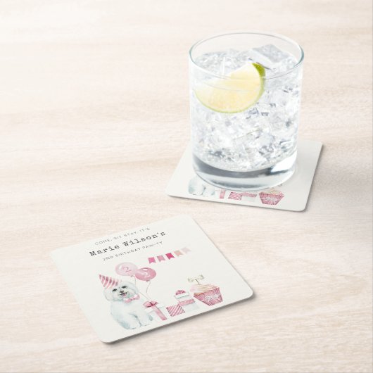 かわいい女の子ピンクパーティー子犬任意の年齢誕生日 スクエアペーパーコースター (インサイチュ)