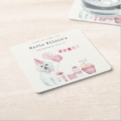 かわいい女の子ピンクパーティー子犬任意の年齢誕生日 スクエアペーパーコースター (アングル)