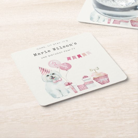 かわいい女の子ピンクパーティー子犬任意の年齢誕生日 スクエアペーパーコースター (アングル)