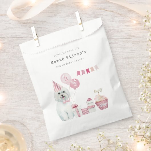 かわいい女の子ピンクパーティー子犬任意の年齢誕生日 フェイバーバッグ (クリップ留めされた状態)