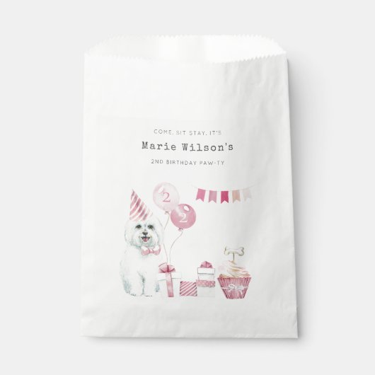 かわいい女の子ピンクパーティー子犬任意の年齢誕生日 フェイバーバッグ (正面)