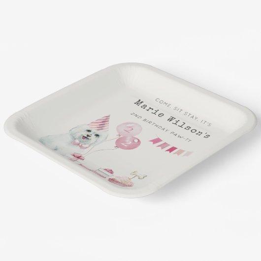 かわいい女の子ピンクパーティー子犬任意の年齢誕生日 ペーパープレート (傾斜あり)