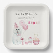 かわいい女の子ピンクパーティー子犬任意の年齢誕生日 ペーパープレート (正面)