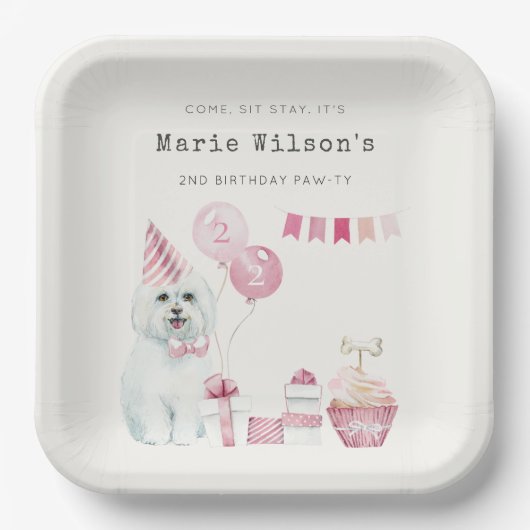 かわいい女の子ピンクパーティー子犬任意の年齢誕生日 ペーパープレート (正面)