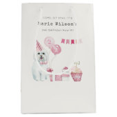 かわいい女の子ピンクパーティー子犬任意の年齢誕生日 ミディアムペーパーバッグ (正面)