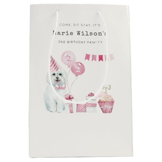 かわいい女の子ピンクパーティー子犬任意の年齢誕生日 ミディアムペーパーバッグ