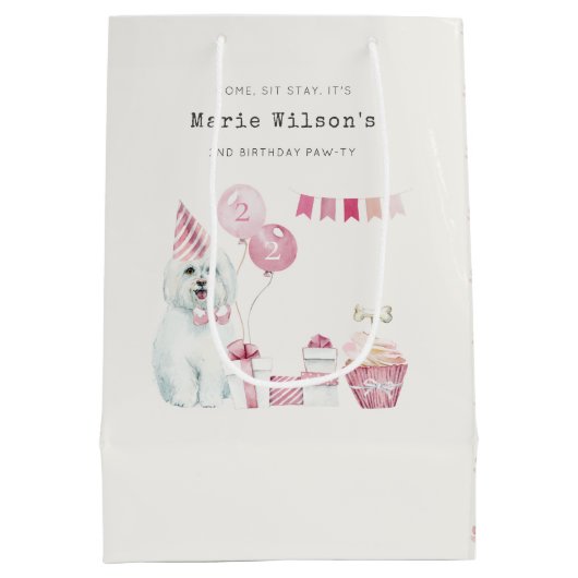 かわいい女の子ピンクパーティー子犬任意の年齢誕生日 ミディアムペーパーバッグ (裏面)