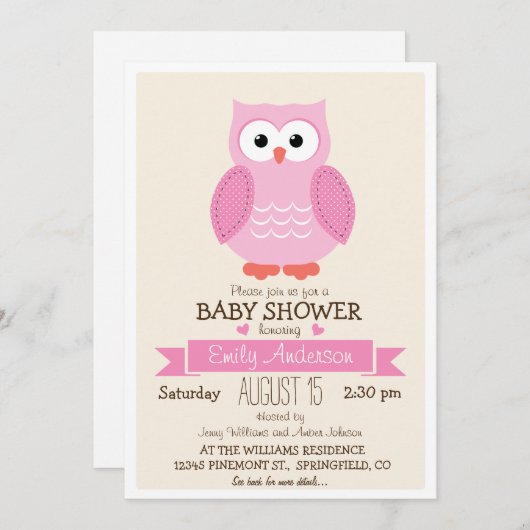 かわいい女の子ピンクフクロウ赤ちゃんシャワーまたは散水 招待状 (正面/裏面)
