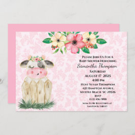 かわいい女の子ピンクフローラカウベビーシャワー招待状 招待状
