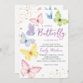 かわいい女の子ピンク小さな蝶シックな赤ちゃんシャワー 招待状 (正面/裏面)