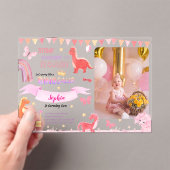 かわいい女の子ピンクDino恐竜の写真子供の誕生日 アクリル招待状 (インサイチュ (ポータブル))