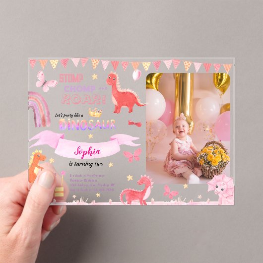かわいい女の子ピンクDino恐竜の写真子供の誕生日 アクリル招待状 (インサイチュ (ポータブル))
