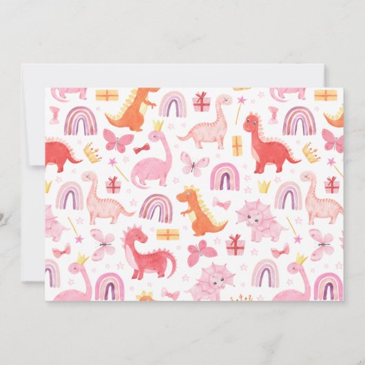 かわいい女の子ピンクDino恐竜の写真子供の誕生日 招待状 (裏面)