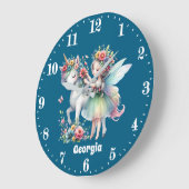 かわいい女の子ファンタジーユニコーン妖精の名前を追加 ラージ壁時計 (傾斜)