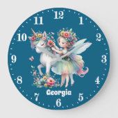 かわいい女の子ファンタジーユニコーン妖精の名前を追加 ラージ壁時計 (正面)