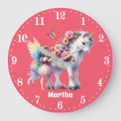 かわいい女の子ファンタジーユニコーン妖精の名前を追加 ラージ壁時計 (正面)