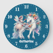 かわいい女の子ファンタジーユニコーン妖精の名前を追加 ラージ壁時計 (正面)