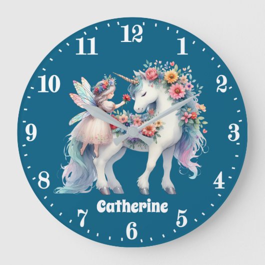 かわいい女の子ファンタジーユニコーン妖精の名前を追加 ラージ壁時計 (正面)