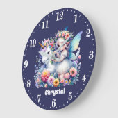 かわいい女の子ファンタジーユニコーン妖精の名前を追加 ラージ壁時計 (傾斜)