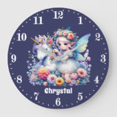 かわいい女の子ファンタジーユニコーン妖精の名前を追加 ラージ壁時計 (正面)