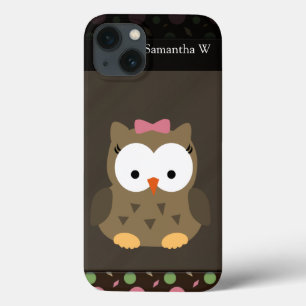 かわいい女の子フクロウ、ピンク、緑、茶 iPhone 13ケース