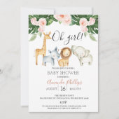 かわいい女の子フローラサファリ動物ベビーシャワー 招待状 (正面)