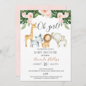 かわいい女の子フローラサファリ動物ベビーシャワー 招待状 (正面/裏面)