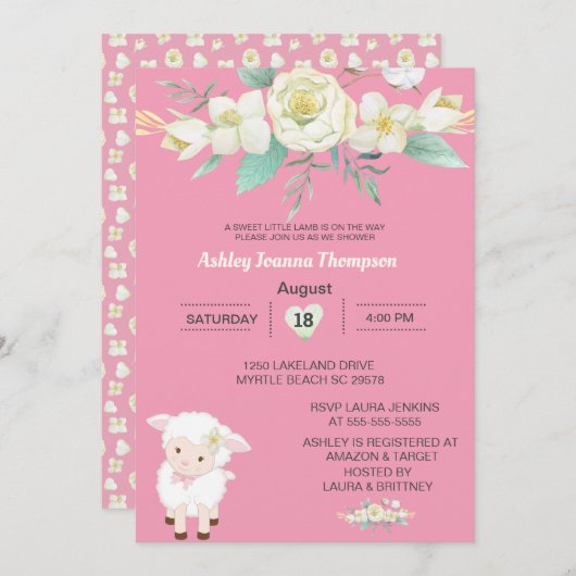 かわいい女の子フローララムベビーシャワー招待状 招待状 (正面/裏面)