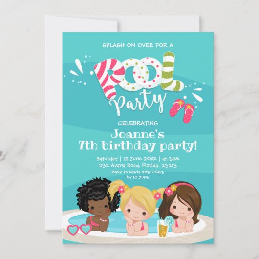 かわいい女の子プールパーティーキッド誕生日招待状 招待状 (正面)